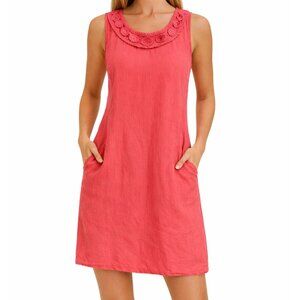 Lungo L’Arno Women's LG Rosey Italy 100% Linen Sleeveless Rose Bud Detail Dress